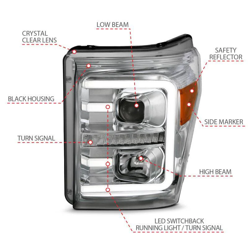 ANZO 11-16 Ford F-250/F-350/F-450 Projector Headlights w/ Plank Style Switchback Chrome w/Amber - Image 6