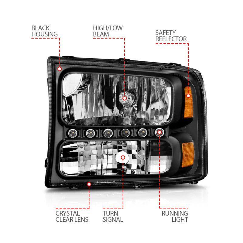 ANZO 2000-2004 Ford Excursion Crystal Headlights Black w/ LED 1pc - Image 14
