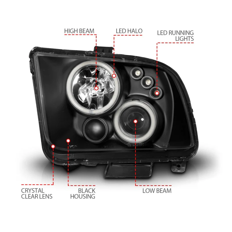 ANZO 2005-2009 Ford Mustang Projector Headlights w/ Halo Black - Image 5