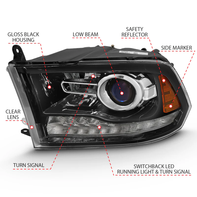 ANZO 2009-2018 Dodge Ram 1500 Projector Plank Style Switchback H.L Halo Black Amber (OE Style) - Image 10