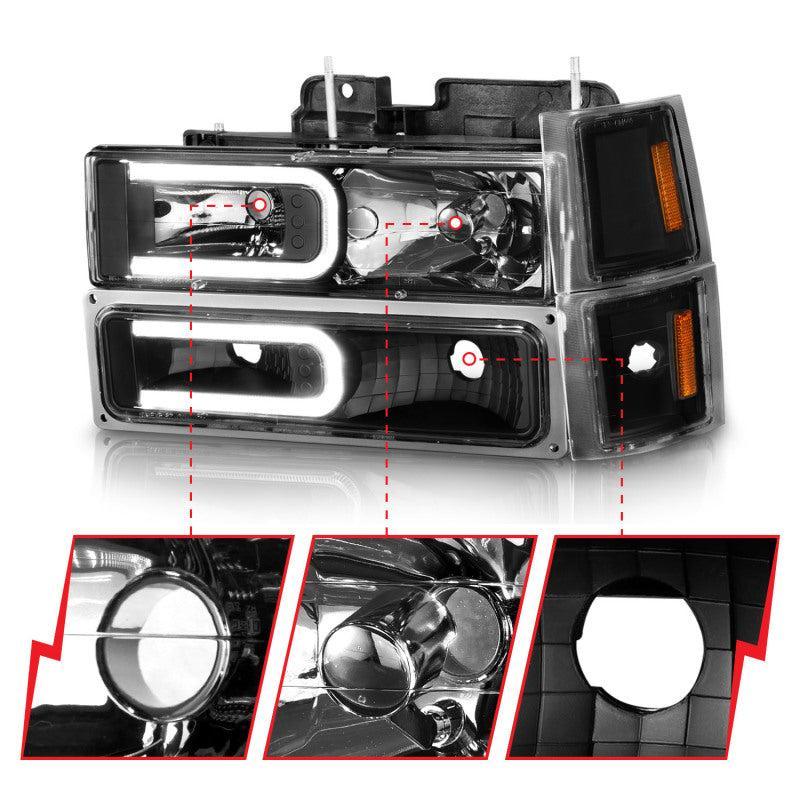 ANZO 88-98 Chevrolet C1500 Crystal Headlights w/ Light Bar Black Housing w/ Signal Side Markers 8Pcs - Image 7