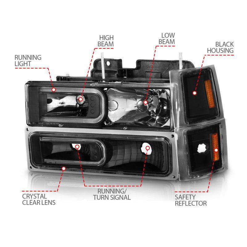 ANZO 88-98 Chevrolet C1500 Crystal Headlights w/ Light Bar Black Housing w/ Signal Side Markers 8Pcs - Image 8