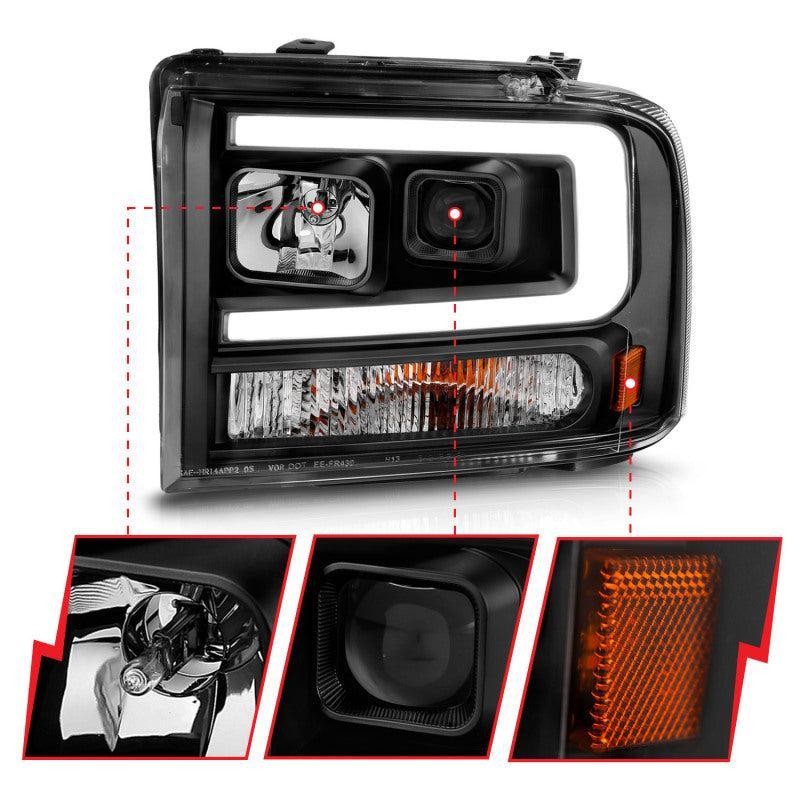 ANZO 99-04 Ford F250/F350/F450/Excursion (excl 99) Projector Headlights - w/ Light Bar Black Housing - Image 10