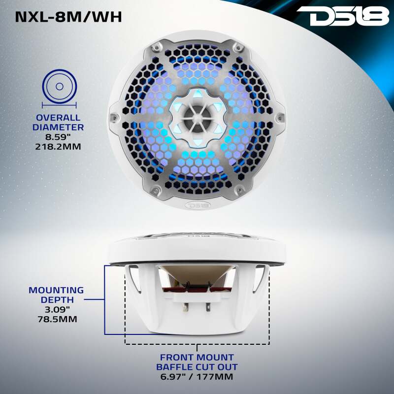 DS18 NXL-M Series Speaker w/ RGB LED Lights 8in 2-Way 125 Watts RMS 4 ohm White w/ Cover - Image 7