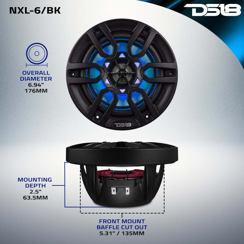 DS18 NXL Series Coaxial Marine Speakers w/ RGB Lights 6.5in 2-Way 100 Watts RMS 4 ohm Black - Image 3
