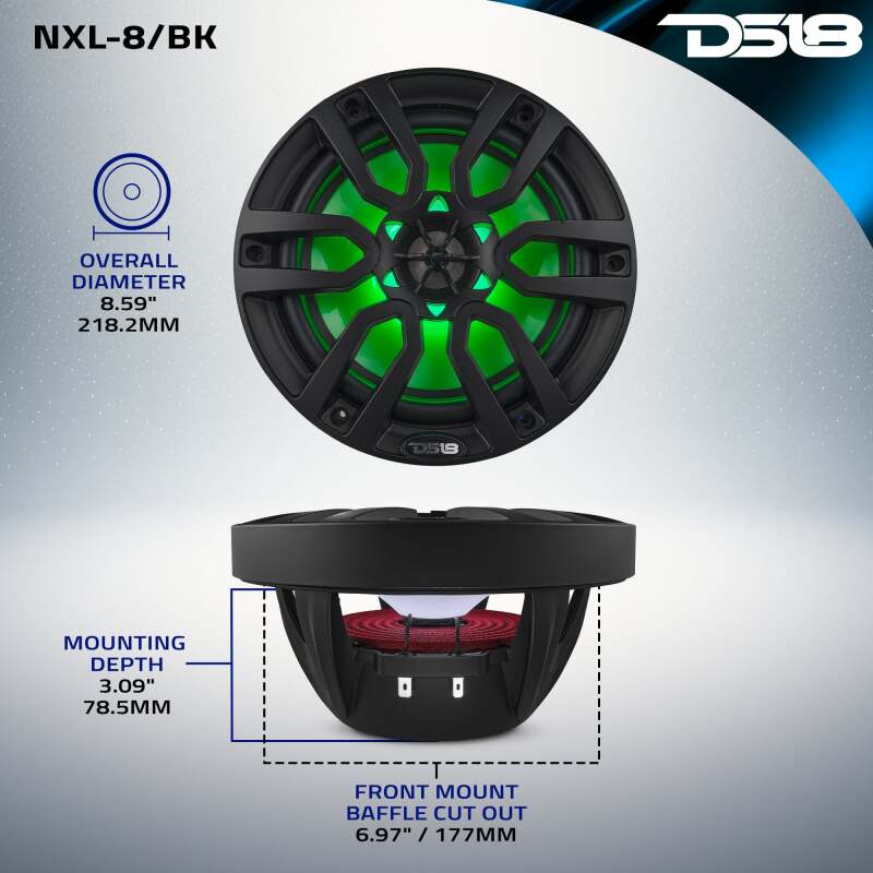 DS18 NXL Series Coaxial Marine Speakers w/ RGB Lights 8in 2-Way 125 Watts RMS 4 ohm Black - Image 2