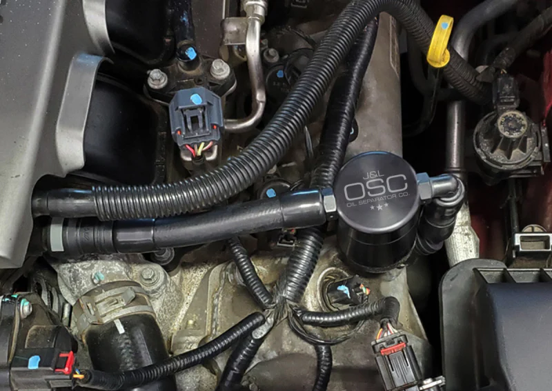 J&L 05-10 Ford Mustang GT Driver Side Oil Separator 3.0 V2 - Black Anodized - Image 2