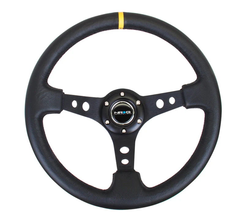 NRG Reinforced Steering Wheel (350mm / 3in. Deep) Blk Leather w/Blk Cutout Spoke/Yellow Center Mark - Image 2