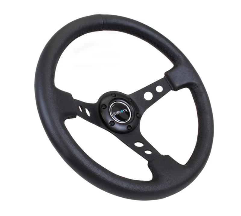 NRG Reinforced Steering Wheel (350mm / 3in. Deep) Blk Leather w/Blk Spoke & Circle Cutouts - Image 3