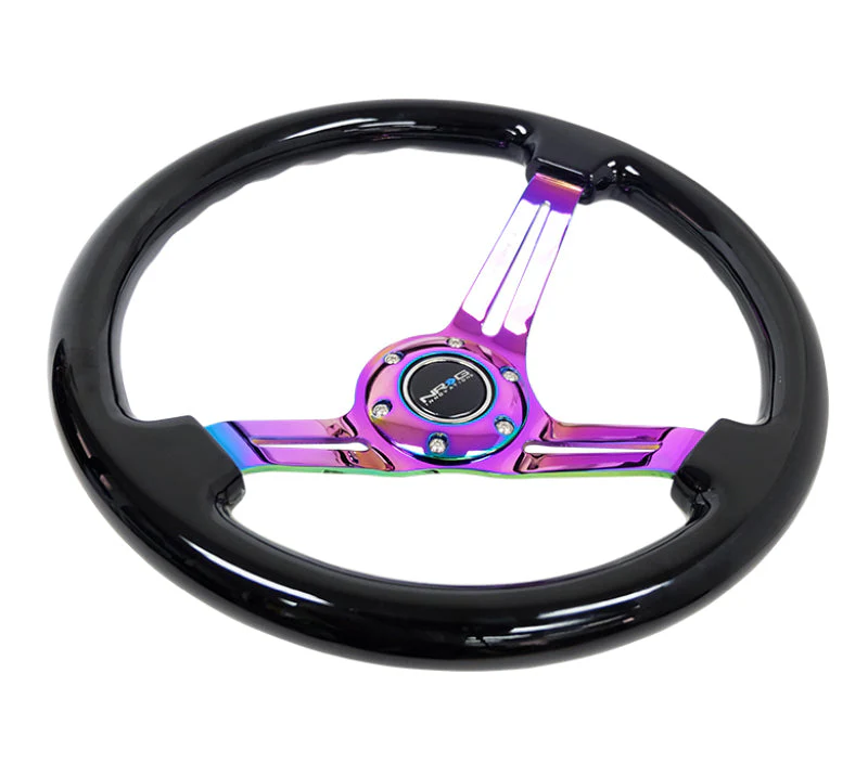 NRG Reinforced Steering Wheel (350mm / 3in. Deep) Blk Wood w/Blk Matte Spoke/Neochrome Center Mark - Image 3