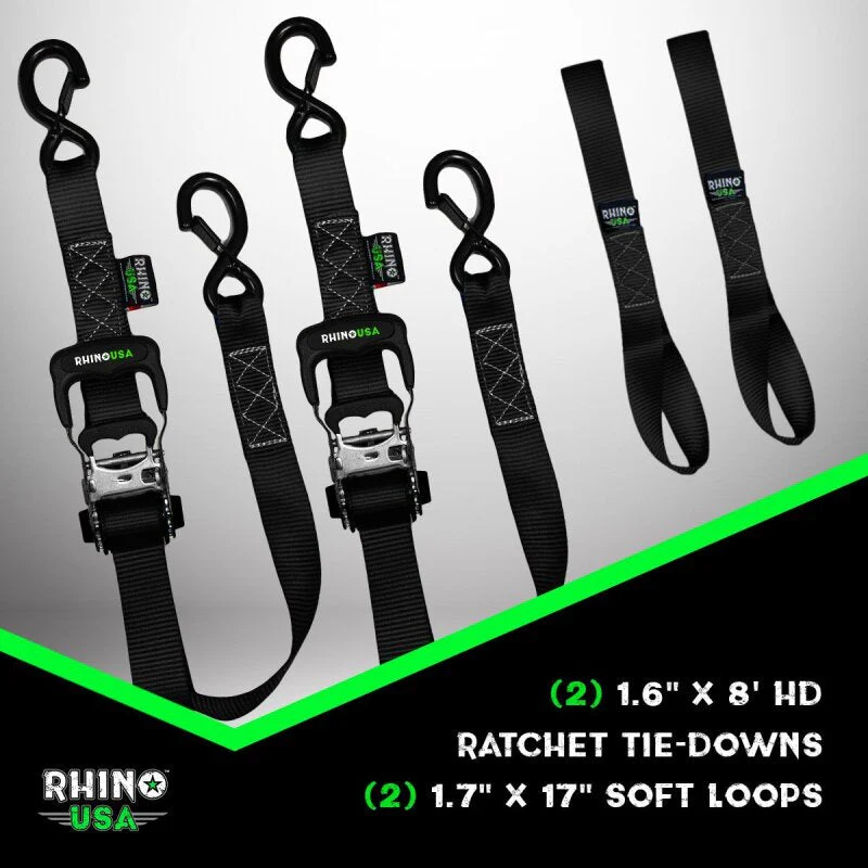 Rhino USA Heavy Duty Ratchet Tie-Downs 2-Pack (Green) 1.6In X 8Ft - Image 5