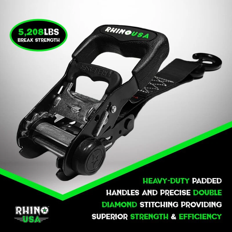 Rhino USA Heavy Duty Ratchet Tie-Downs 2-Pack (Green) 1.6In X 8Ft - Image 7